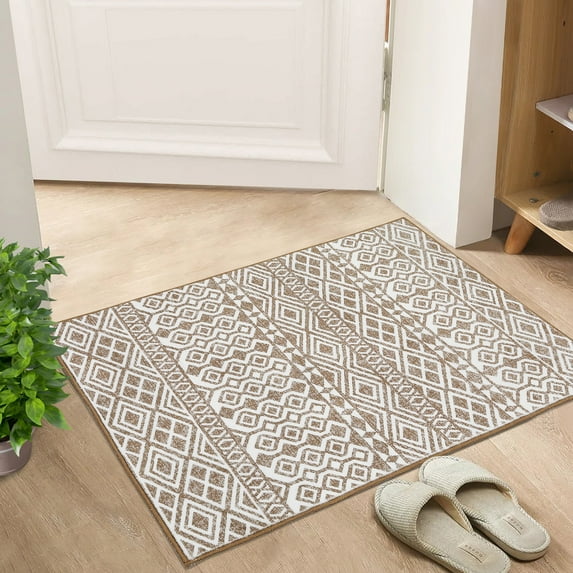 Hasoo 2' x 3' Small Area Rug Bohemian Moroccan Vintage Doormat Soft Geometric Washable Rug Non-Slip Low Pile Door Mat for Entryway Kitchen, Light Browm