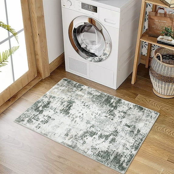 Hasoo 2' x 3' Throw Area Rug Modern Abstract Doormat Washable Indoor Floor Cover Distressed Small Carpet Gray/Green