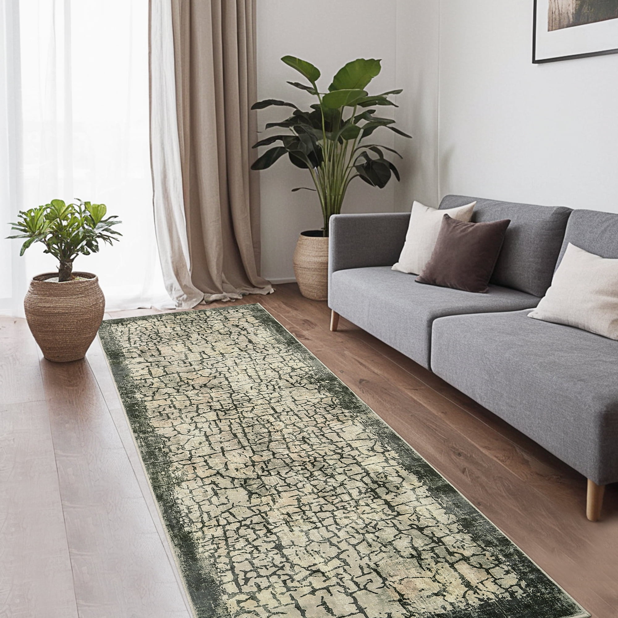 Hasoo 2' x 6' Area Rug for Living Room Abstract Non Slip Indoor Carpet, Green