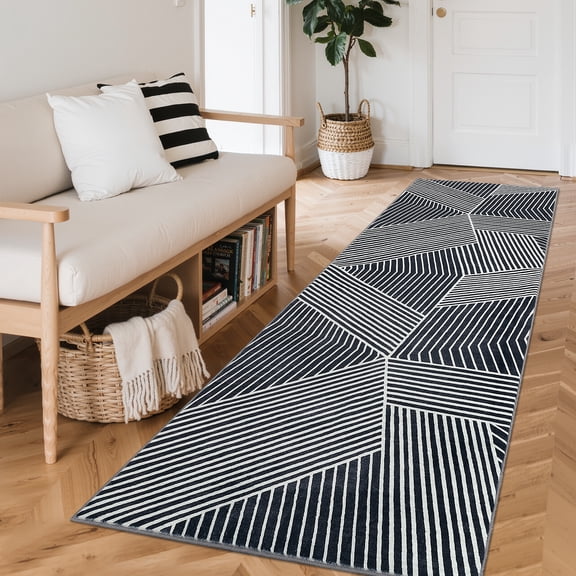 Hasoo 2'x 6' Black/White Runner Rug Modern Strip Indoor Carpet Soft Non Slip Runner for Laundry Bathroom Entryway Bedroom