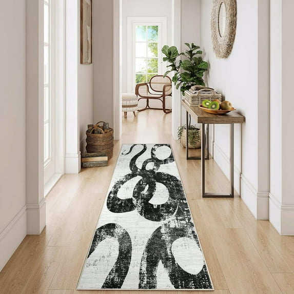 Hasoo 2' x 6' Black White Runner for Hallway Soft Abstract Geometric Line Area Rug Non Slip Stain Resistant Carpet