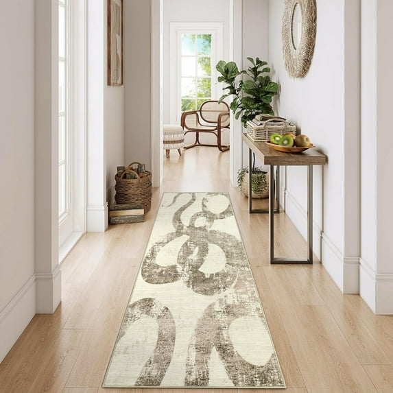 Hasoo 2' x 6' Brown Runner for Hallway Soft Abstract Geometric Line Area Rug Non Slip Stain Resistant Carpet