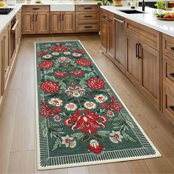 Hasoo 2'x 6' Floral Gray Green Throw Rug Modern Indoor Carpet Soft Non Slip Runner for Bathroom Entryway Dorm