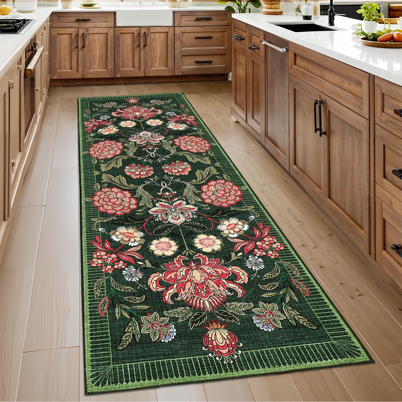 Hasoo 2'x 6' Floral Green Throw Rug Modern Indoor Carpet Soft Non Slip Runner for Bathroom Entryway Dorm