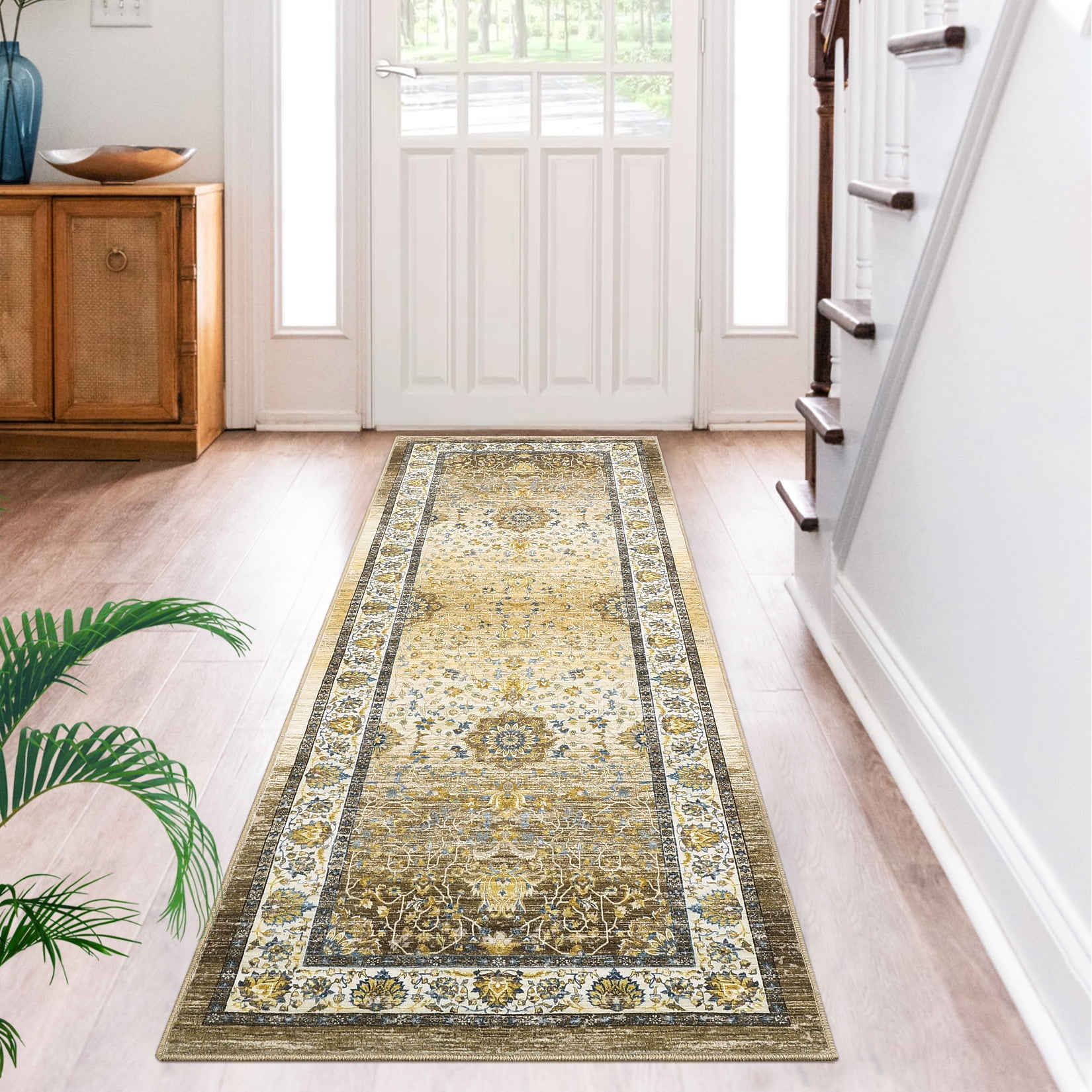 Hasoo 2' x 6' Floral Runner Rug for Hallway Washable Rugs for Bedside Vintage Rug, Yellow