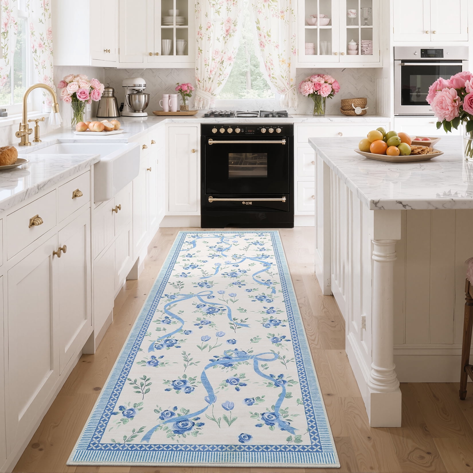 Hasoo 2'x 6' Floral Throw Rug Modern Indoor Carpet Soft Non Slip Runner for Bathroom Entryway Dorm, Beige Blue