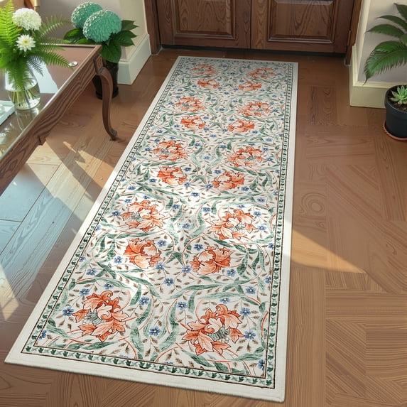 Hasoo 2'x 6' Floral Throw Rug Modern Indoor Carpet Soft Non Slip Runner for Bathroom Entryway Dorm, Beige