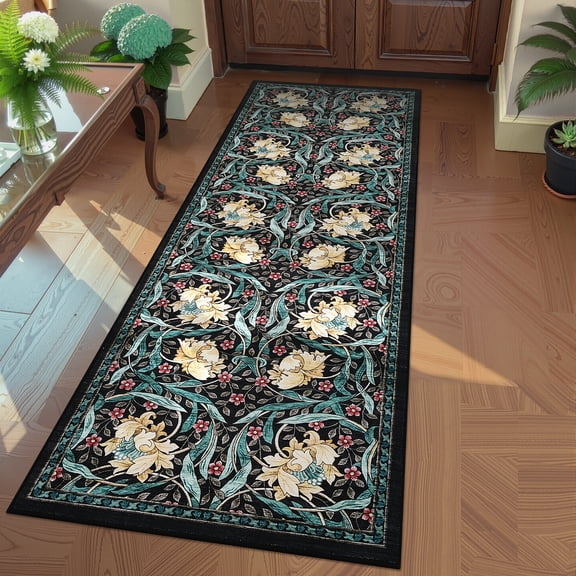 Hasoo 2'x 6' Floral Throw Rug Modern Indoor Carpet Soft Non Slip Runner for Bathroom Entryway Dorm, Black