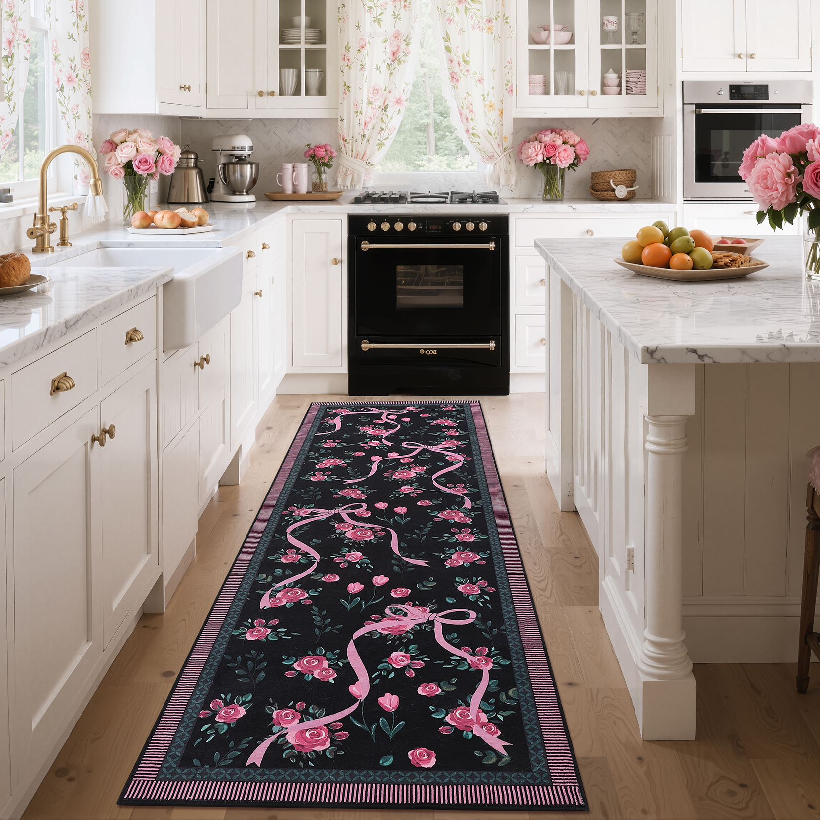 Hasoo 2'x 6' Floral Throw Rug Modern Indoor Carpet Soft Non Slip Runner for Bathroom Entryway Dorm, Black