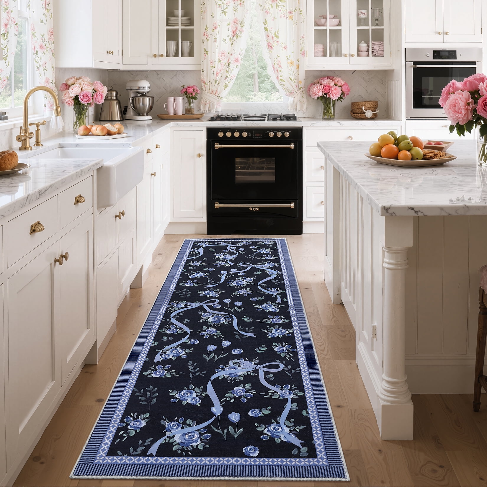 Hasoo 2'x 6' Floral Throw Rug Modern Indoor Carpet Soft Non Slip Runner for Bathroom Entryway Dorm, Blue