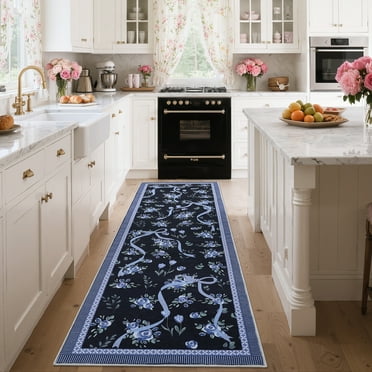 Hasoo 2'x 6' Floral Throw Rug Modern Indoor Carpet Soft Non Slip Runner for Bathroom Entryway Dorm, Blue