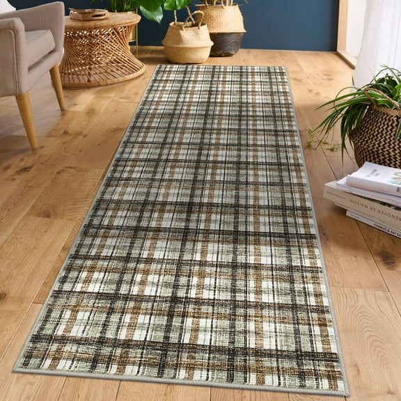 Hasoo 2' x 6' Green/Brown Runner Washable Rug for Hallway Enterway Bedside Modern Checkered Pattern Indoor Throw Carpet