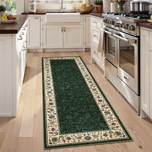 Hasoo 2' x 6' Green Runner Rugs for Hallway Kitchen Washable Vintage Floral Print Bedside Indoor Modern Geometric Bordered Doormat