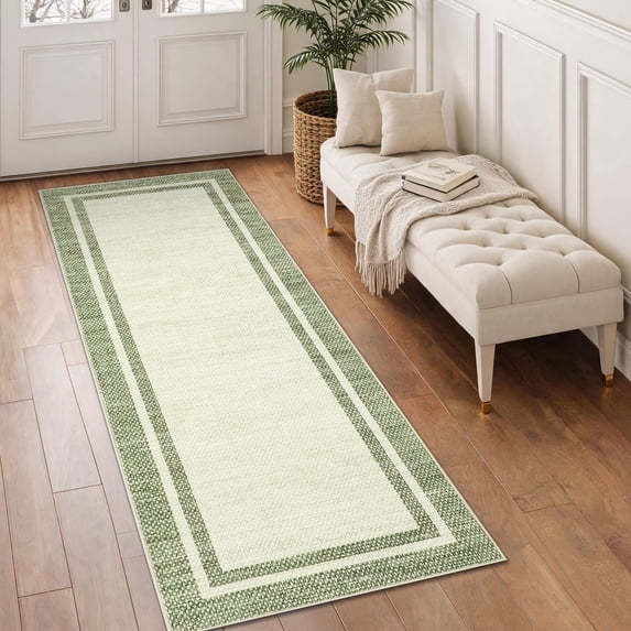 Hasoo 2′ x 6′ Green Washable Neutral Bordered Runner Rug for Kitchen Modern Stain Resistant Indoor Throw Carpet Home Decor