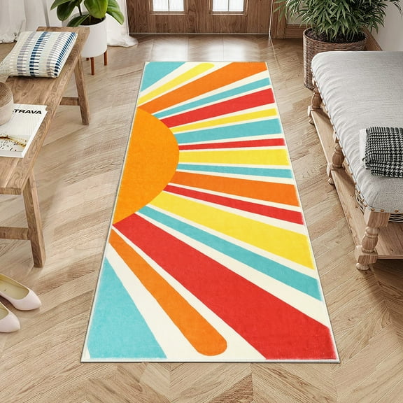 Hasoo 2' x 6' Hallway Runner Mats Washable Area Rug Sun Print Modern Boho Indoor Throw Carpet for Kitchen Laundry Room, Red/Orange