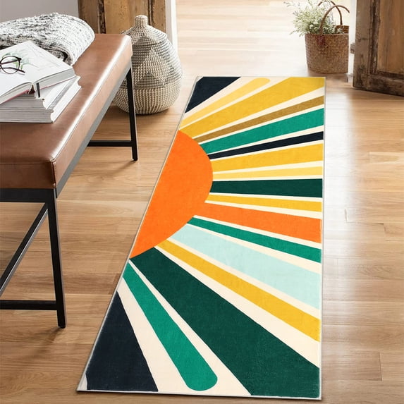 Hasoo 2' x 6' Hallway Runner Rug Colorful Washable Rug Sun Print Modern Boho Runner Rug for Room Laundry Room, Yellow/Green