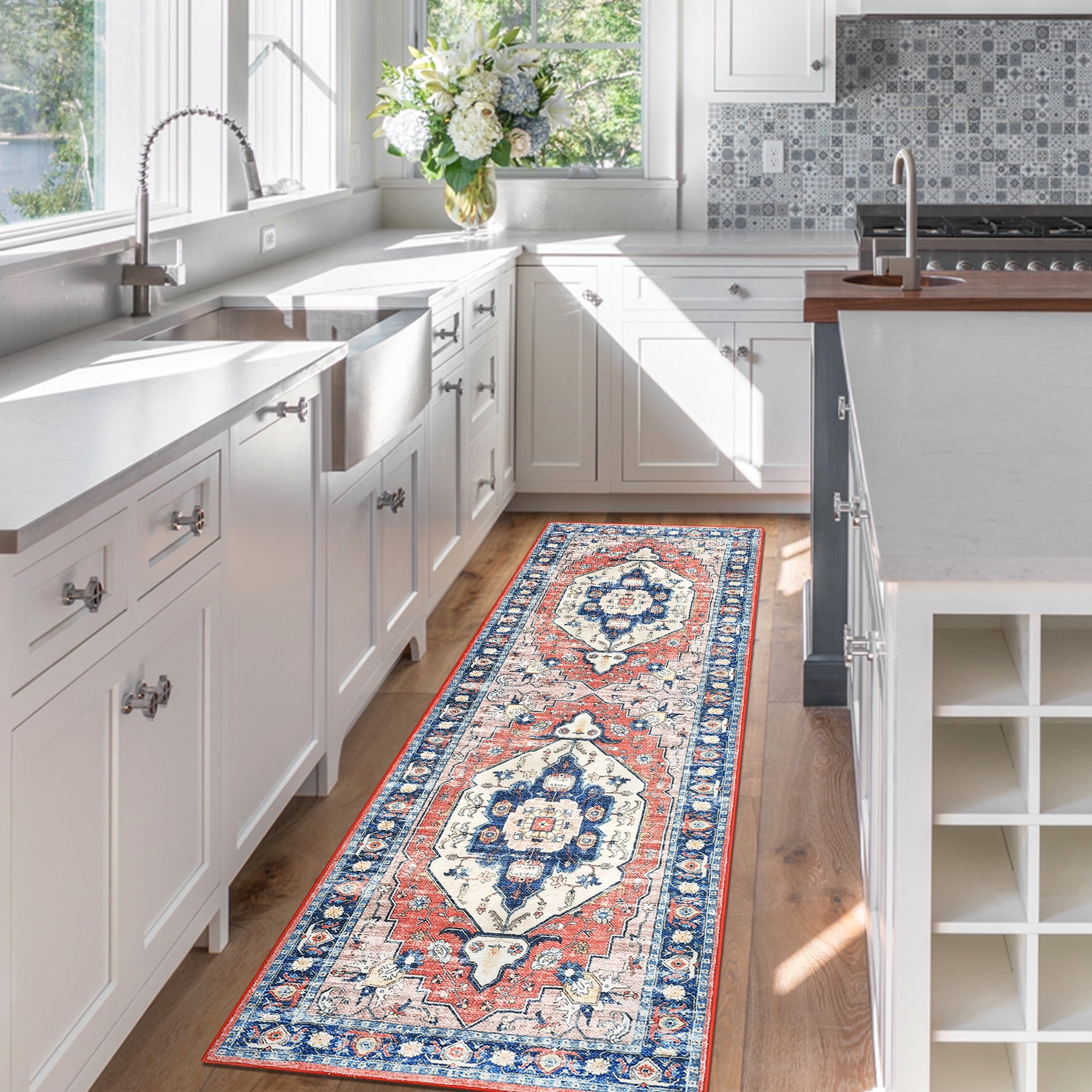 Blue and Pink Medallion Low Pile Washable Runner Rug
