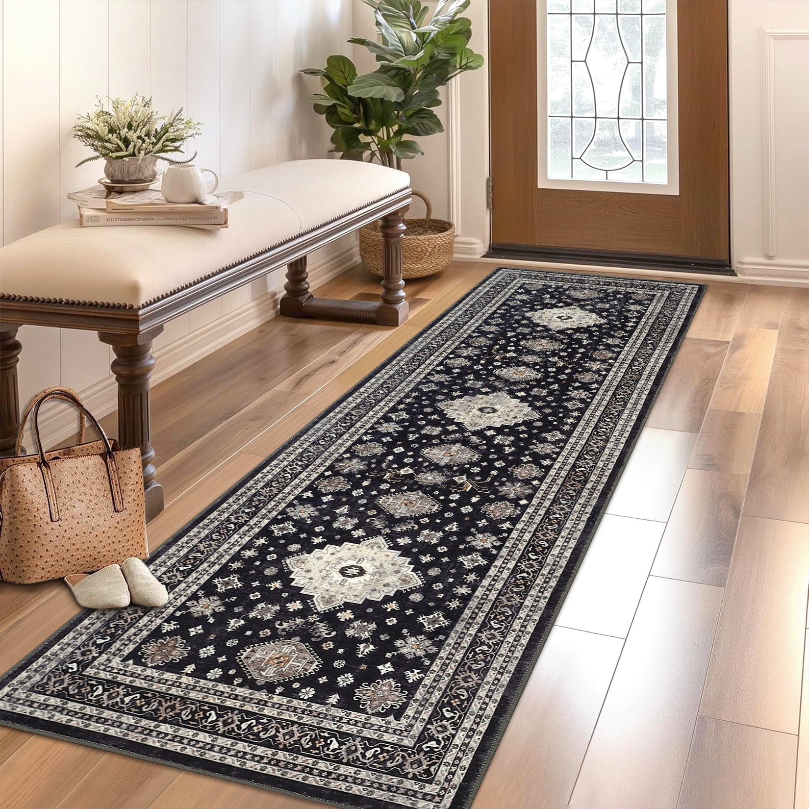 Hasoo 2' x 6' Hallway Runner Soft Persian Traditional Indoor Rug for Entryway Washable Anti Slip Carpet, Black