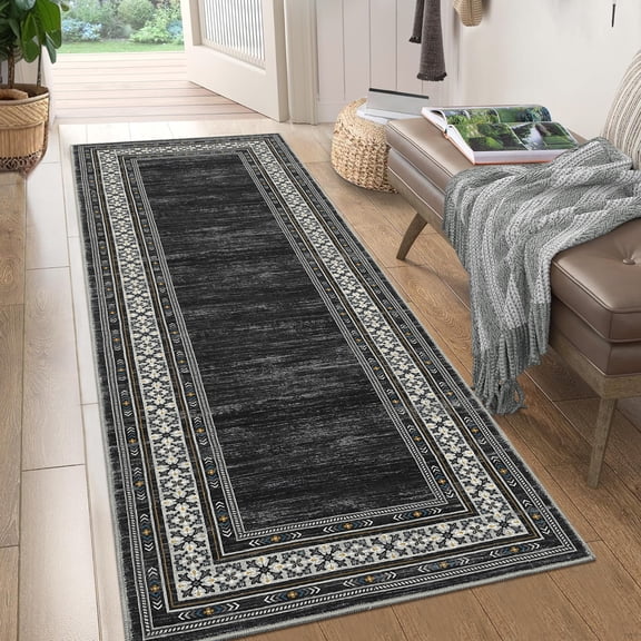 Hasoo 2' x 6' Modern Rug for Living Room Soft Geometric Non Slip Stain Resistant Indoor Carpet, Black