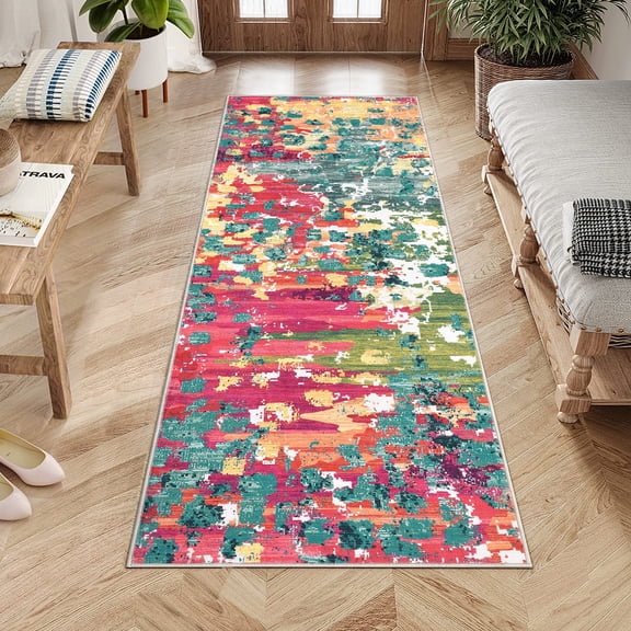 Hasoo 2' x 6' Multi-Color Modern Abstract Runner Rug for Kitchen Washable Indoor Carpet for Hallway Enterway, Pink/Green