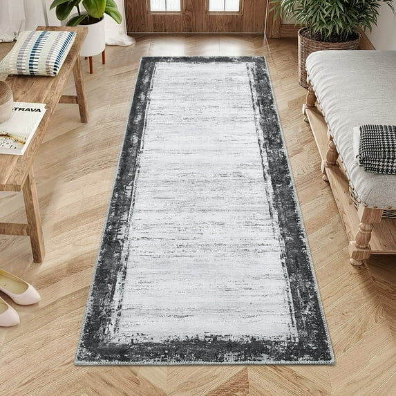Hasoo 2' x 6' Rug Abstract Border Runner Rug Modern Hallway Gray