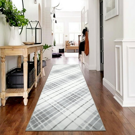 Hasoo 2' x 6' Runner Rug Modern Geometric Gradual Plaid Print Rug Non-Shedding Non-Slip Floor Mat Bedside Laundry Kitchen Rug, Grey