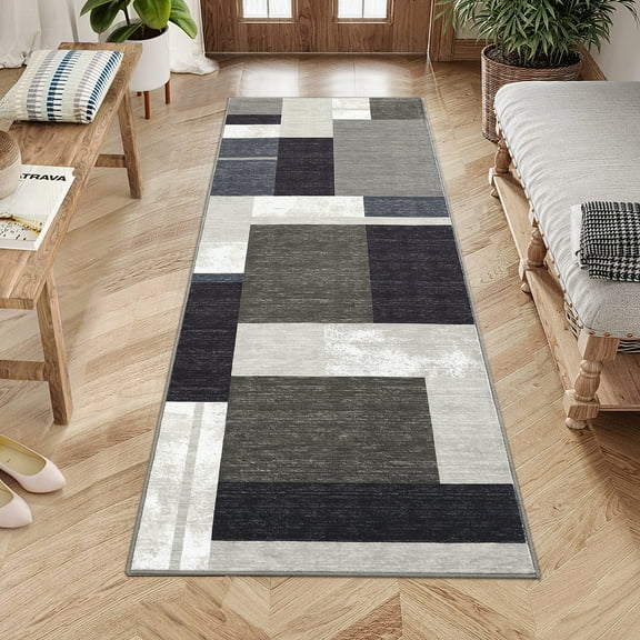 Hasoo 2' x 6' Runner Rug Modern Geometric Patchwork Print Rug Non-Shedding Non-Slip Floor Mat Bedside Laundry Kitchen Rug, Brown