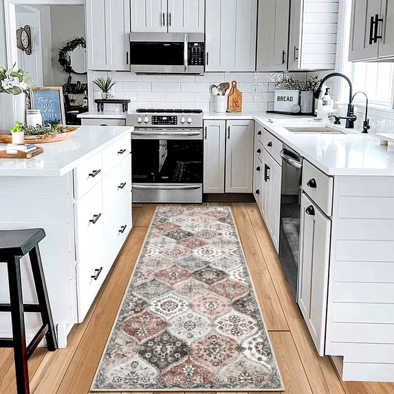 Hasoo 2' x 6' Runner Rug for Hallway Traditional Indoor Rug Machine Washable Bedside Carpet, Gray/Pink