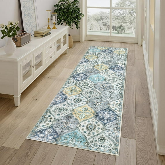 Hasoo 2' x 6' Runner Rug, Traditional Medallion Rug, Machine Washable Carpet, Orange