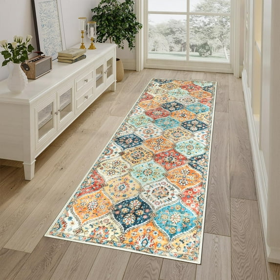 Hasoo 2' x 6' Runner Rug, Traditional Medallion Rug, Machine Washable Carpet, Orange