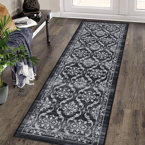 Hasoo 2' x 6' Runner Rug for Floor Modern Floral Thin Carpet Non-Slip Foldable Indoor Area Rug for Hallway Living Room Bedroom Kitchen Black/Gray