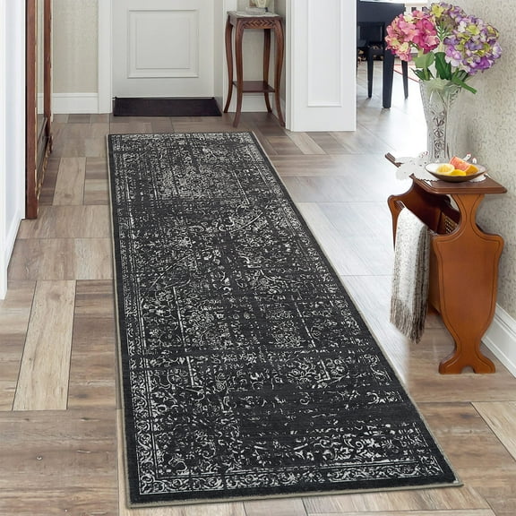 Hasoo 2' x 6' Runner Rug for Hallway Boho Vintage Rug Non Slip Floral Indoor Carpet, Black