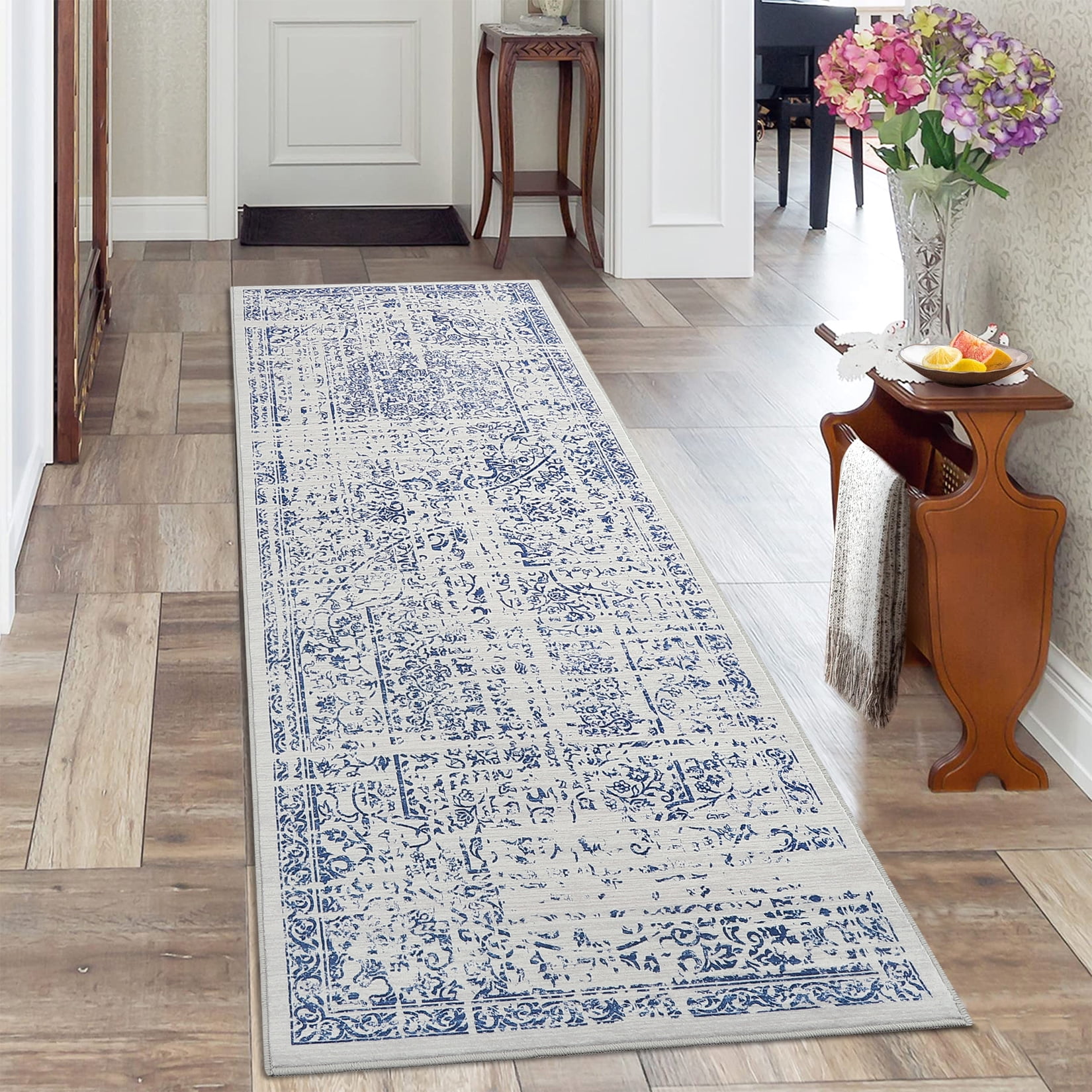 Hasoo 2' x 6' Runner Rug for Hallway Boho Vintage Rug Non Slip Floral Indoor Carpet, Blue