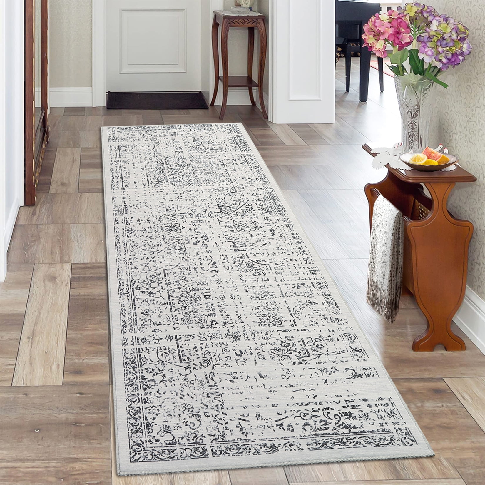 Hasoo 2' x 6' Runner Rug for Hallway Boho Vintage Rug Non Slip Floral Indoor Carpet, Gray