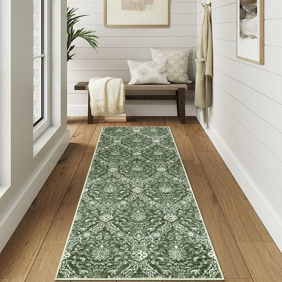 Hasoo 2' x 6' Runner Rug for Hallway Boho Vintage Rug Non Slip Floral Bedroom Rug, Green