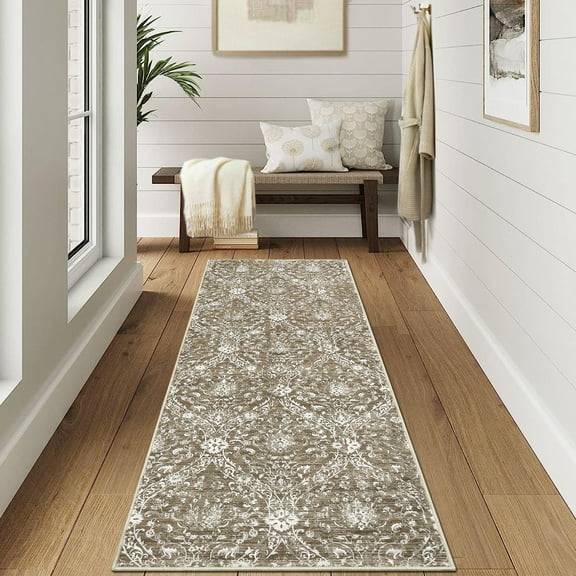 Hasoo 2' x 6' Runner Rug for Hallway Boho Vintage Rug Non Slip Floral Bedroom Rug, Khaki