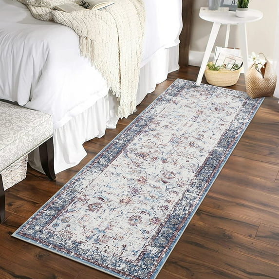 Hasoo 2' x 6' Runner Rug for Hallway Boho Vintage Rug Non Slip Floral Indoor Carpet, Red Blue