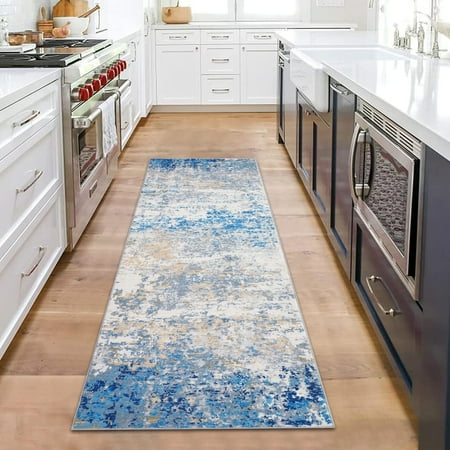 Hasoo 2' x 6' Runner Rug for Hallway Modern Abstract Pattern Premium Polyester Enterway Mat Blue