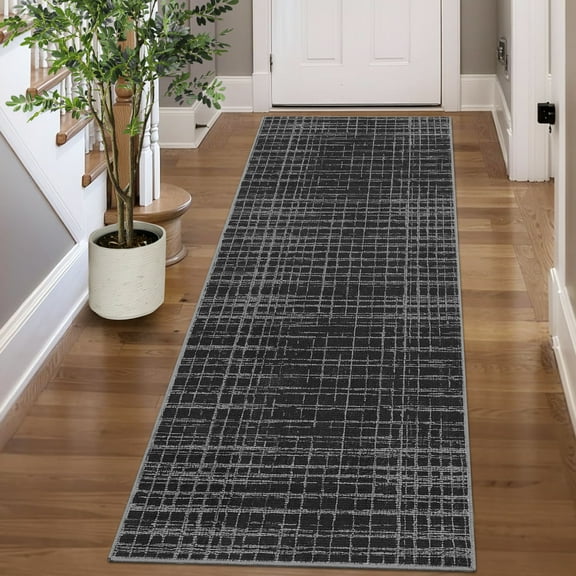 Hasoo 2' x 6' Runner Rug for Hallway Modern Geometric Grid Pattern Premium Polyester Enterway Carpet Black