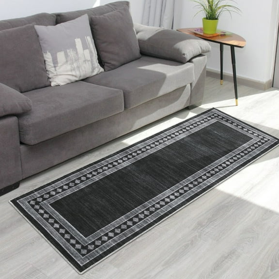 Hasoo 2' x 6' Runner Rug for Living Room Washable Accent Geometric Border Rug Non-Slip Throw Carpet for Bedroom, Black