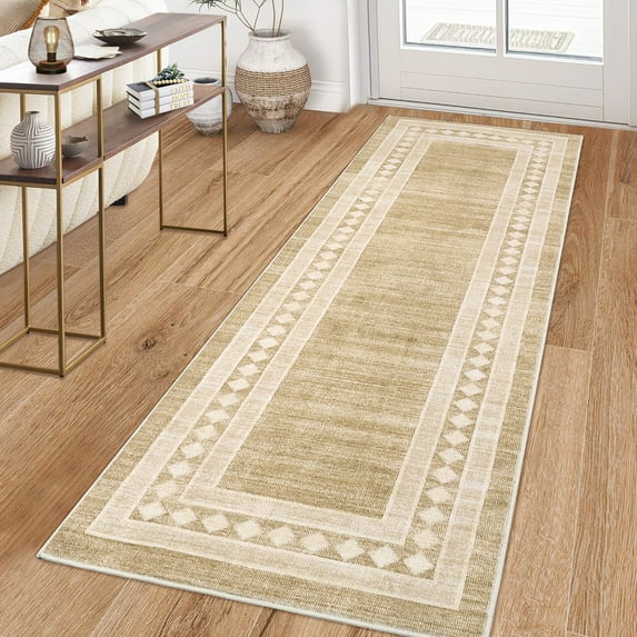 Hasoo 2' x 6' Runner Rug for Living Room Washable Accent Geometric Border Rug Non-Slip Throw Carpet for Bedroom, Yellow