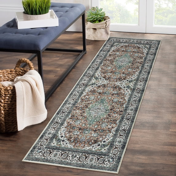 Hasoo 2' x 6' Runner Rugs Anti Slip Backing Area Rugs for Living Room, Washable Rugs Vintage Tribal Runner Rugs, Green/Brown