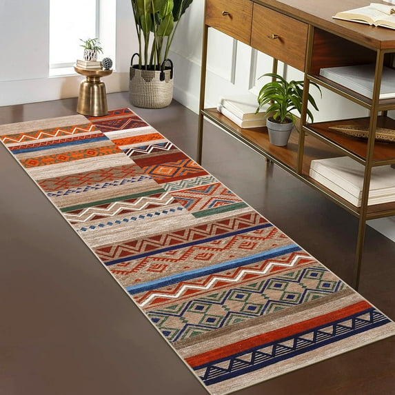 Hasoo 2' x 6' Runner Rugs Washable Distressed Vintage Tribal Geometric Carpet for Entryway Bedroom Soft Patchwork Rug, Orange
