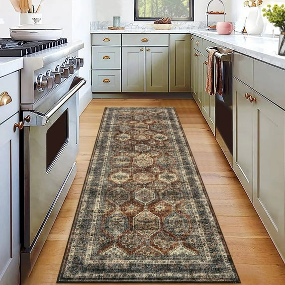 Hasoo 2' x 6' Runner Rugs Washable Rugs Soft Vintage Distressed Carpet Indoor Runners Rugs for Hallway Kitchen Brownish Red