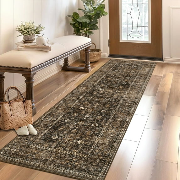 Hasoo 2' x 6' Runner Rugs for Hallways Non Slip Kitchen Rug with Rubber Backing Indoor Brown Rug