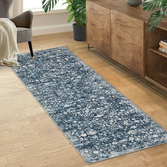 Hasoo 2' x 6' Runner for Hallway Boho Vintage Rug Non Slip Throw Rugs Floral Bedroom Rug, Blue