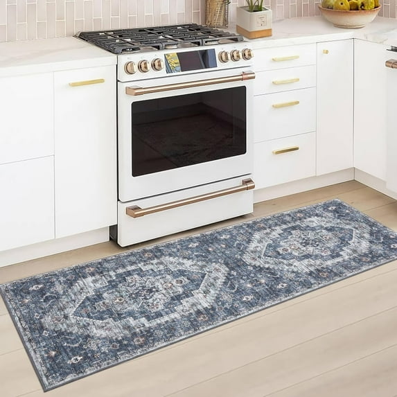 Hasoo 2' x 6' Runner for Hallway Boho Vintage Rug Non Slip Throw Rugs Floral Bedroom Rug, Blue