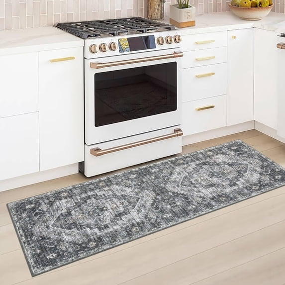 Hasoo 2' x 6' Runner for Hallway Boho Vintage Rug Non Slip Throw Rugs Floral Bedroom Rug, Gray