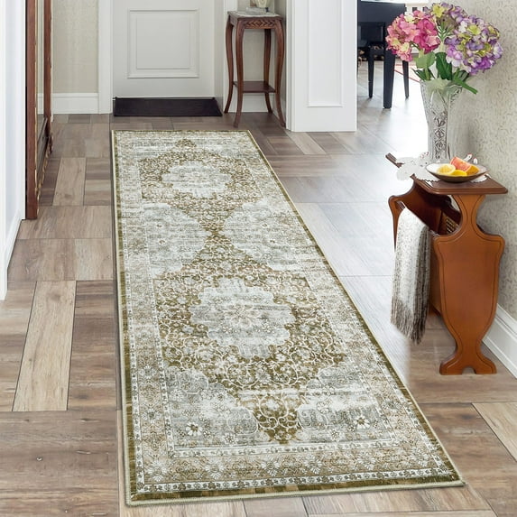 Hasoo 2' x 6' Runner for Hallway Boho Vintage Rug Non Slip Throw Rugs Floral Bedroom Rug, Khaki