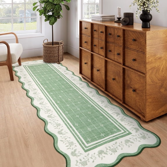 Hasoo 2' x 6' Sage Green Runner Rug for Kitchen Washable Scalloped Non Shedding Neutral Indoor Decor Floral Printed Carpet